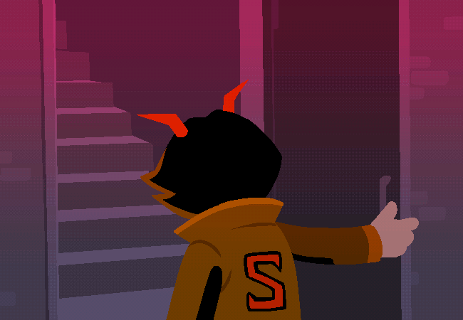 Sabine Berare from Vast error/Snowbound blood closes a door, revealing Talald Hieron smiling manically. Clicking this leads to the Social links page.